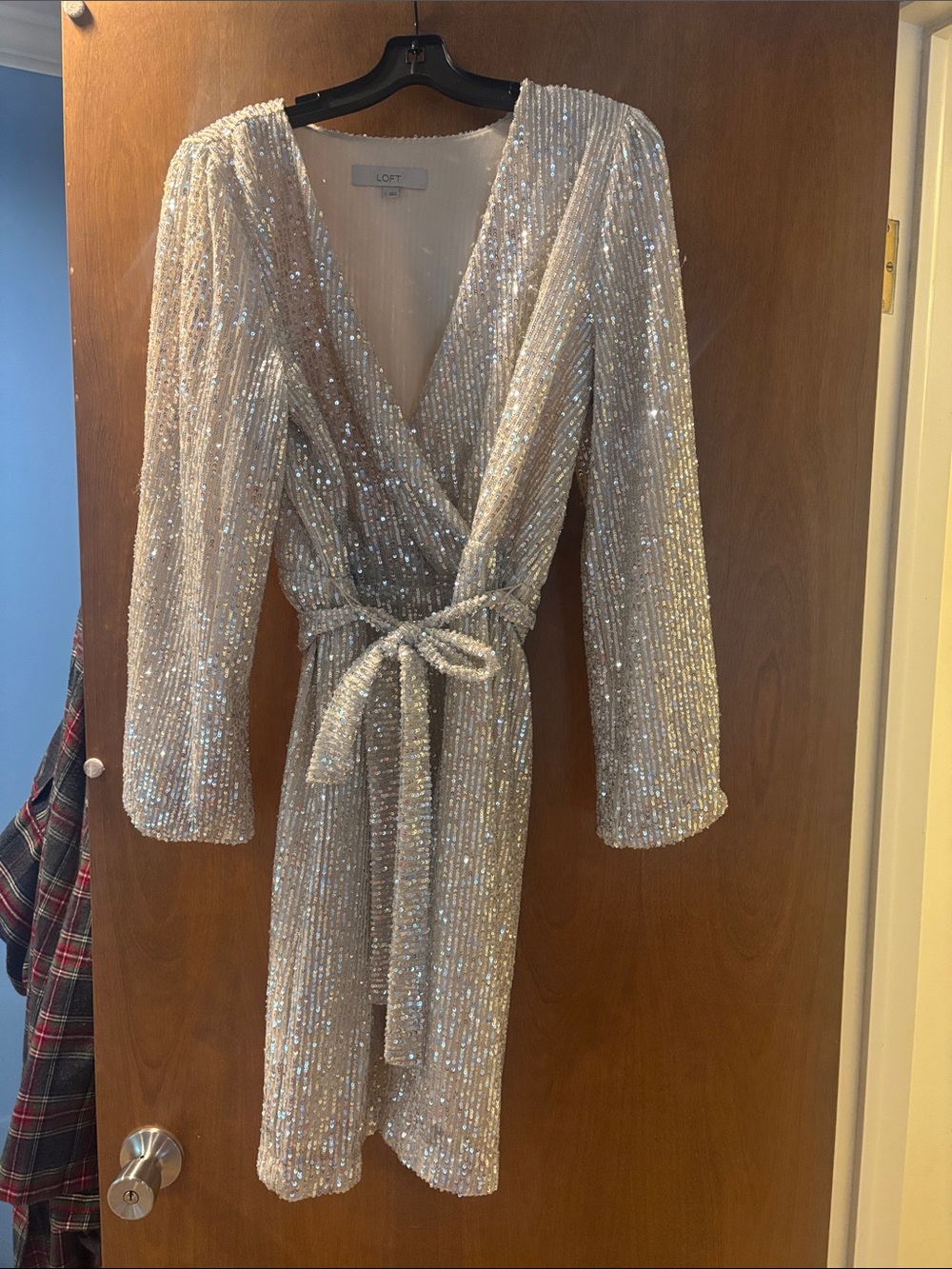 LOFT Silver Sequin Wrap Dress with Tie Waist